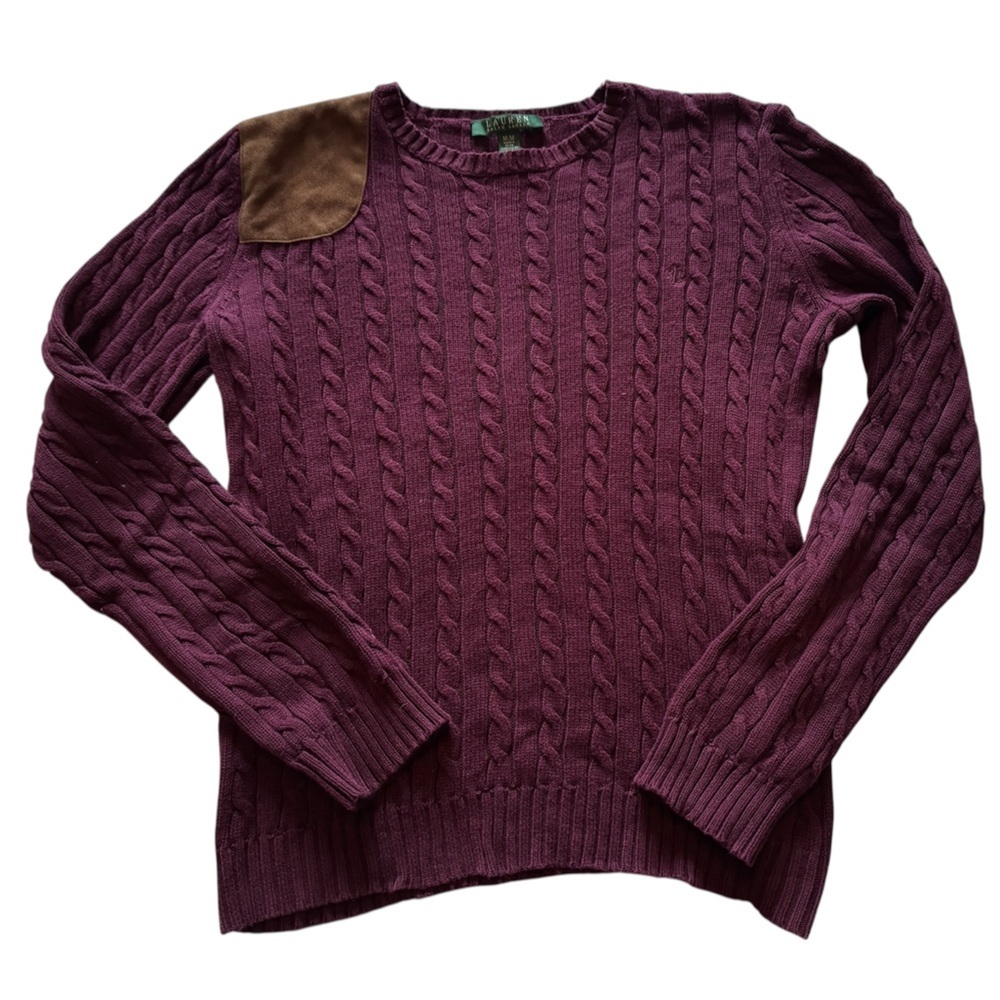 Ralph Lauren Cotton Cable Knit Crewneck Sweater with Suede/Leather Patch - Plum - Picture 2 of 6